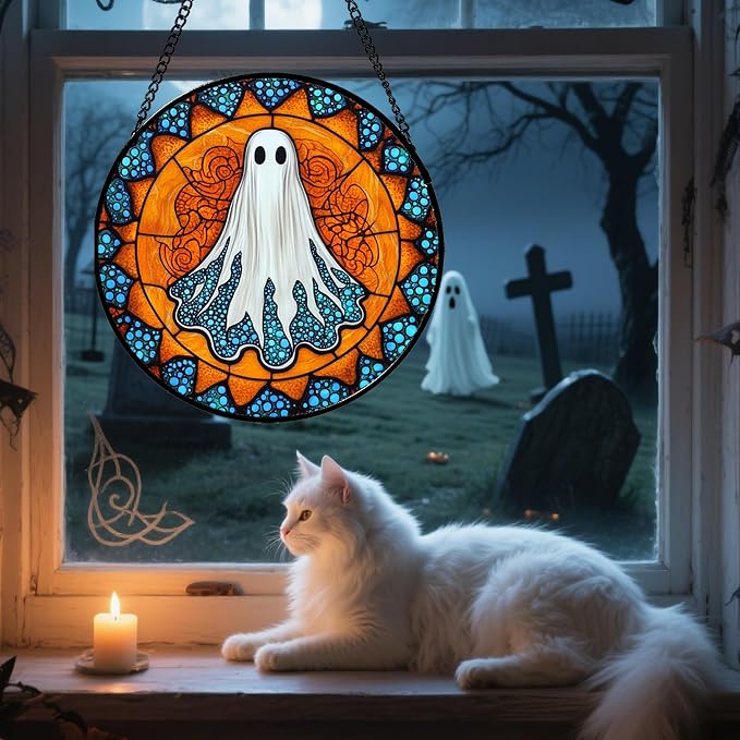 Stained Glass Window Hanging - Halloween Decorations White Ghost Suncatcher for Doors Garden Indoor Spooky Funny Blue Sun Catchers Gothic Decor Horror Gifts for Women Men Friend 15 in