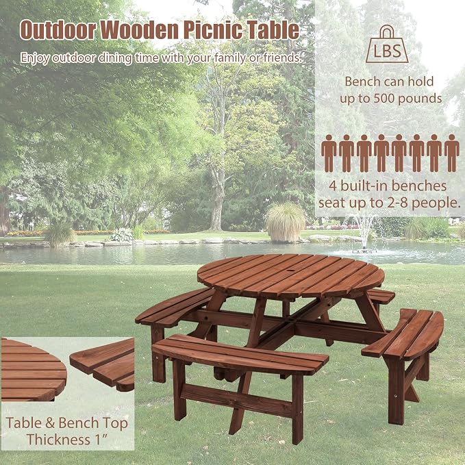 HRVEOCEI 8-Person Round Picnic Table with 4 Built-in Benches & Umbrella Hole, Wooden Picnic Tables for Outdoors, Patio, Backyard, Garden, 70"X70"X27", 2220lb Capacity (Round, Brown, 8-Person)