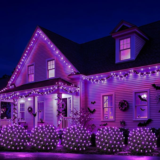 120LED Halloween Net Lights Outdoor, 5ft x 6ft Connectable Mesh Lights, 8 Modes 3.5V Low Voltage Waterproof Bush Lights for Trees, Bushes, Wedding, Party Decor (Purple, 1Pack)
