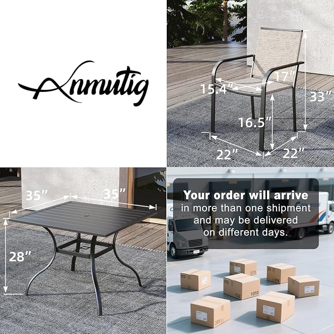 Small Outdoor Table and Chairs Set with Beige Chairs and 35" Square Table | 4 Piece Stackable Chairs, Textilene Seat&Back, Metal Table, Slat Table Top, 4 Person Use, 1.57" Umbrella Hole, All Weather