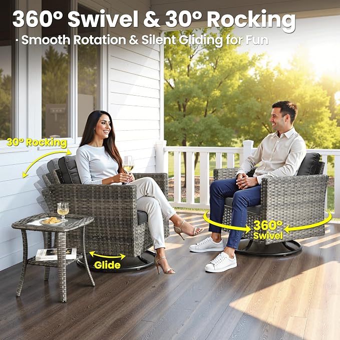 ovios 7 Pieces Patio Furniture Set with Rectangular Fire Pit Table, Swivel Rocking Chairs, Outdoor High Back Wicker Rattan Conversation Set for Deck Porch, Black