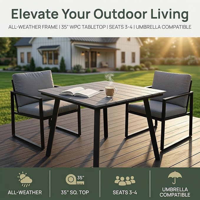 35" Square Patio Dining Table, with Umbrella Hole, Heavy-Duty Iron Frame and WPC Top, All-Weather Outdoor Patio Table for Backyard, Garden and Outdoor Dining
