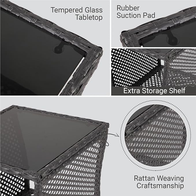 Outdoor Side Table - Patio Rattan End Table with Square Glass Tabletop, Wicker Outdoor Side Table with Extra Storage Shelf for Garden, Backyard, Porch, Silver Gray