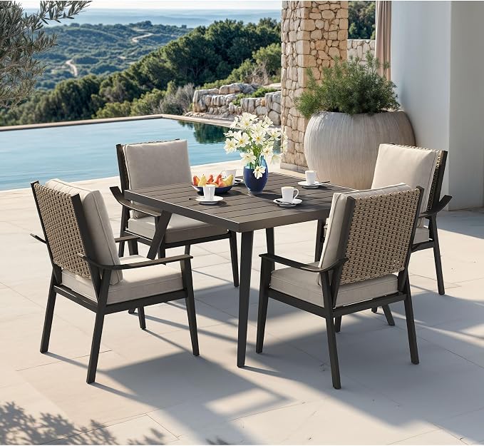 PURPLE LEAF 5 Pieces Outdoor Dining Set with 1.57" Umbrella Hole and Thick Cushion Heavy-Duty Metal Patio Dining Furniture Set with Square Table and 4 Wicker Chairs for Lawn Garden Backyard Deck