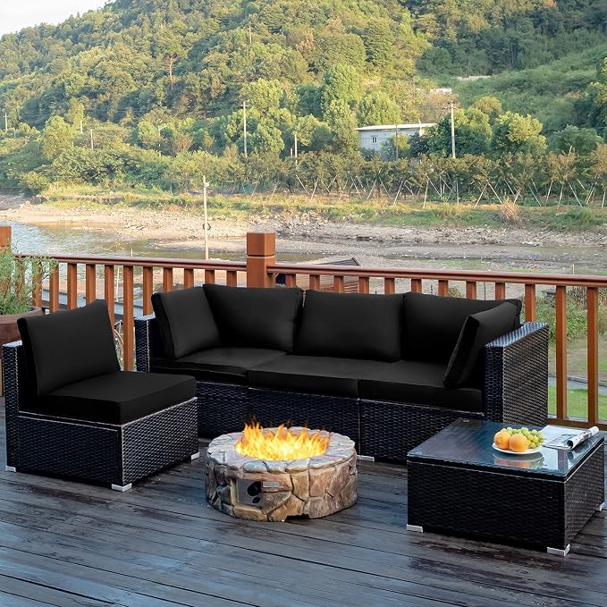 COSTWAY 5-Piece Outdoor Patio Furniture Set, PE Rattan Sofa Chairs with Cushions and Tempered Glass Coffee Table, Conversation Sofa Set for Backyard Garden (Black)