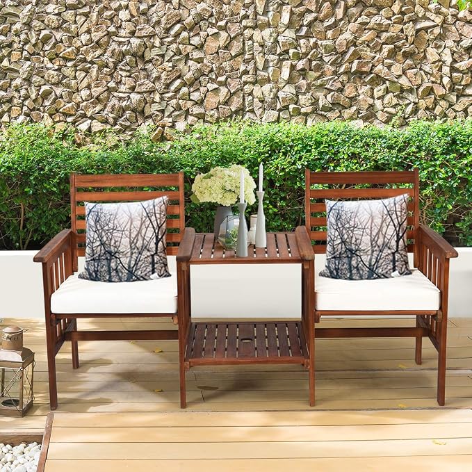 Tangkula Acacia Wood Loveseat, 3pcs Outdoor Table Chairs Set, Patio Conversation Set w/Coffee Table and Soft Cushions, 2.1-inch Umbrella Hole, 2-Seater Furniture Set (White)