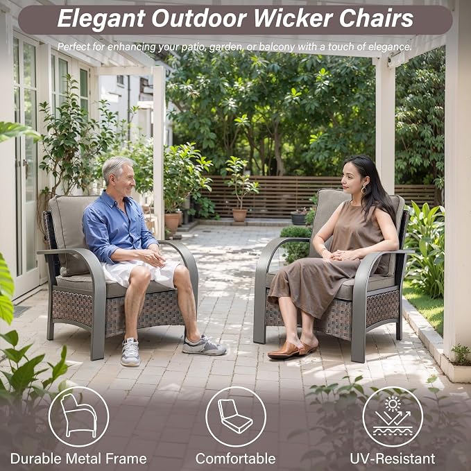 Belord 5 Piece Outdoor Wicker Furniture Set, High Back Deep Seating Patio Sofa Set with Metal Armrests Rattan Chairs, and Ottomans for Porch Deck Sunroom Backyard