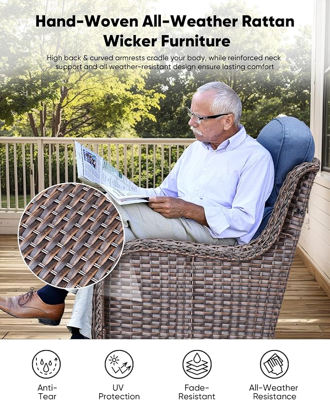 HUMMUH 7 Pieces Wicker Patio Furniture Set with Patio Swivel Chairs Set of 4,High Back Outdoor Sofa Coffee Table Ottomans,6 Inch Thick Cushions Outdoor Conversation Set for Porch, Balcony, Deck