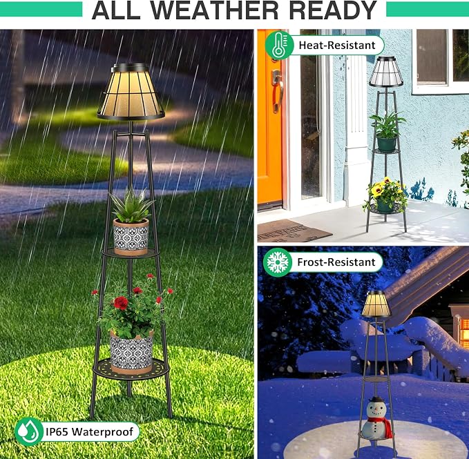 2 Pack Solar Floor Lamps Outdoor with 2-Tier Plant Stand, Metal Tall Planter Holder with Waterproof LED Lantern, Decorative Patio Light & Flower Pot Display Rack for Garden, Deck, Porch, Balcony