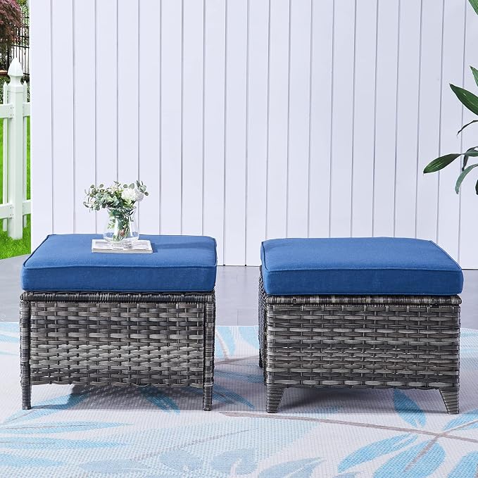 Rilyson Luxury Outdoor Wicker Patio Ottomans Set of 2, 250 lbs Capacity Rattan Large Ottomans for Patio Footrest Set 22.8in*22.8in*14in with 3.5in Thick Cushion (Mixed Grey/Blue)
