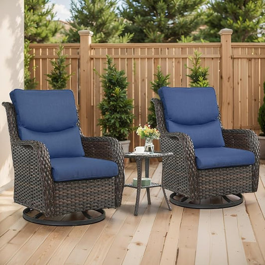 Outdoor Swivel Rocker Patio Chairs with 5" Thick Cushion - 3 Piece Wicker Bistro Set with Side Table, High Back Comfty Outdoor Glider Chairs for Balcony, Porch, Deck, Poolside - Brown-Blue