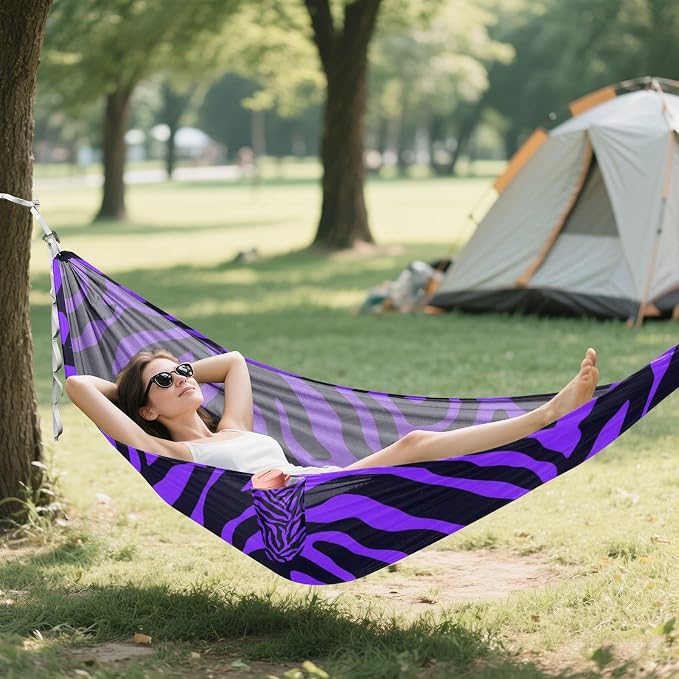 Purple Black Print Camping Hammock, 330lbs Load Capacity, Comfortable Portable Hammock with Tree Straps for Outdoor, Backyard, Beac