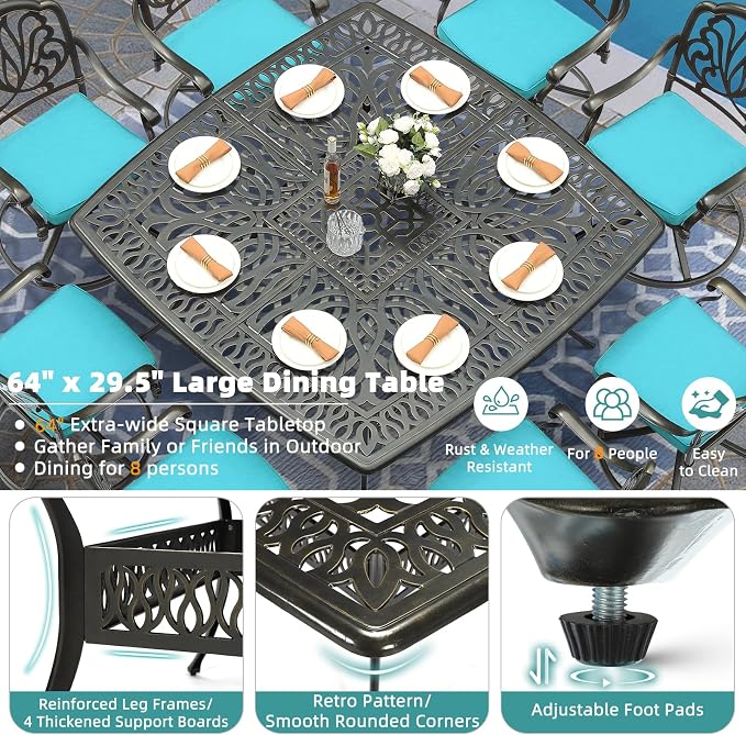 MEETWARM 9-Piece Outdoor Patio Dining Set for 8, All Weather Cast Aluminum Patio Funiture Table and Chairs Set- Large 64" Square Table, 2 Swivel Rocker Chairs, 6 Stationary, Umbrella Hole, Ocean Blue