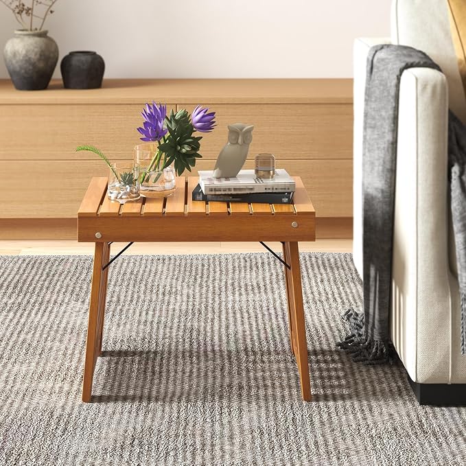 HAPPYGRILL Outdoor Folding Side Table Set of 2, Foldable Patio Acacia Wood End Table with Slatted Tabletop & Leg Frame, Small Outside Table for Backyard Poolside Porch (Teak Finish)