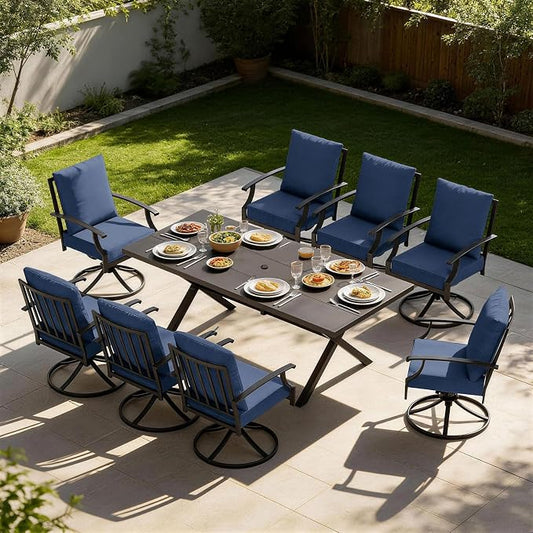 9 PCS Outdoor Patio Dining Set,Patio Table and Chairs Metal Outdoor Patio Furniture Set with Umbrella Hole,Dining Table Set with 8 Swivel Chairs for Deck,Backyard and Garden,Navy Blue