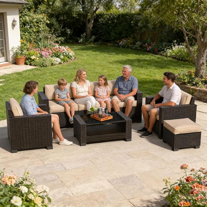 7 Piece Patio Furniture Set, Slanted Back Outdoor Sectional Sofa, Patio Conversation Sets with Cushion and Glass Table, Patio Sofa Furniture for Garden, Deck, Dark Brown Rattan & Khaki Cushions