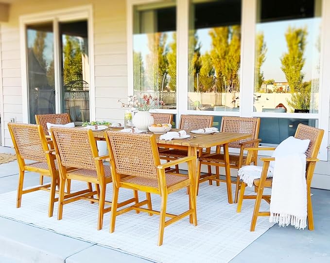 PHI VILLA Outdoor Dining Set, Acacia Wood Construction Teak 9 Piece | Wicker Chairs, Weather-Resistant