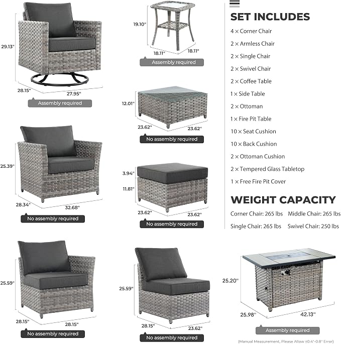 CAODOC 16 Pieces Patio Furniture Conversation Set with 42" Fire Pit Table Rocking Chair Outdoor Sectional Gray Wicker Sofa Set