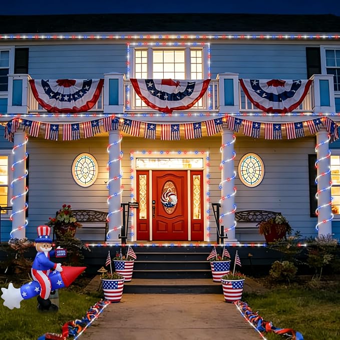 QITONG Red White Blue Solar Rope Lights, 66ft 200 LED 4th of July String Lights, 8 Modes Fairy Lights in Clear Thin Tube for Patriotic Independence Memorial Day Decor