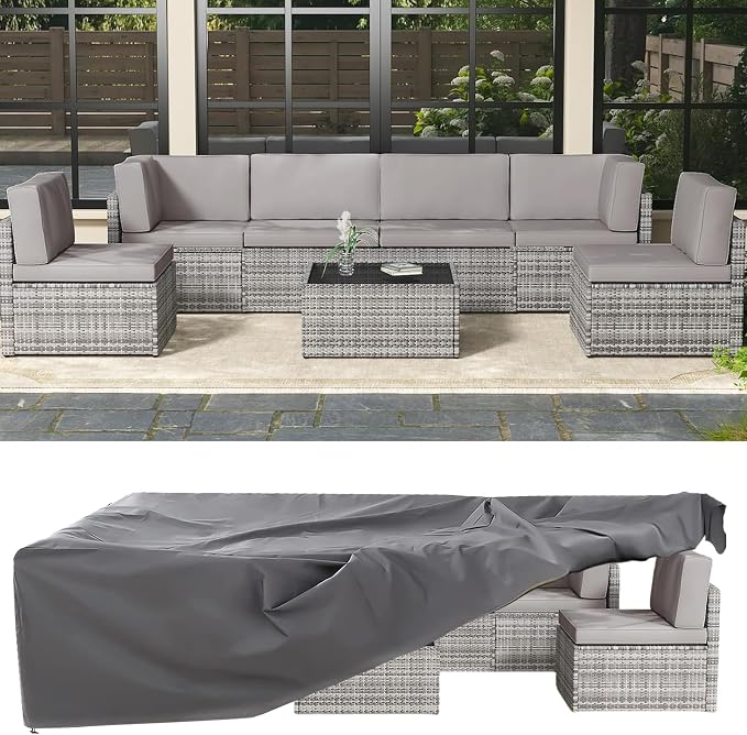 AECOJOY 7 Piece Outdoor Patio Furniture Set, Outdoor Sectional Conversation Furniture Chair with Coffee Table,Patio Sectional for Garden,Backyard(Grey Cushions and Grey PE Rattan, with Cover)