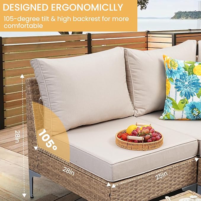 5 Piece Patio Furniture Set, Wicker Modular Outdoor Furniture with Thicker Cushions, Outdoor Couch Sofa for Garden, Poolside, Backyard, Beige