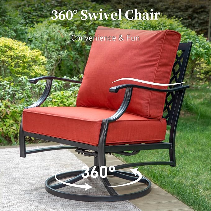 SUNSHINE VALLEY 7 Piece Metal Outdoor Patio Furniture Set, Patio Conversation Sets 1 3-Seater Sofa, 2 Fixed Chairs, 2 Swivel Chairs, 2 Ottomans with 5.75" Thick Cushion, Black Backyard Furniture, Red