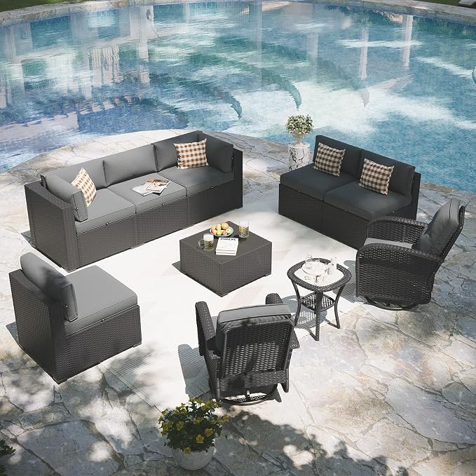 Aoxun Patio Furniture Set with Swivel Rocker Chairs, 10 Piece Outdoor Sectional Sofas, Wicker Rattan Outdoor Furniture with Thickened Cushion for Backyard, Garden Light Grey
