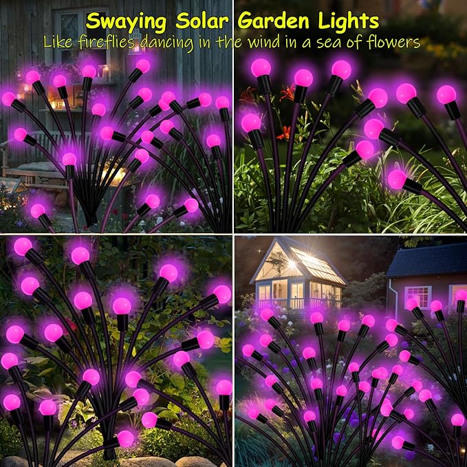 Kohlrabi Solar Garden Lights Outdoor, 6 Pack 48 LED Pink Firefly Lights Waterproof, Sway by Wind, Solar Swaying Light for Yard Patio Backyard Garden Planter Flower Bed Pathway Outdoor Decoration