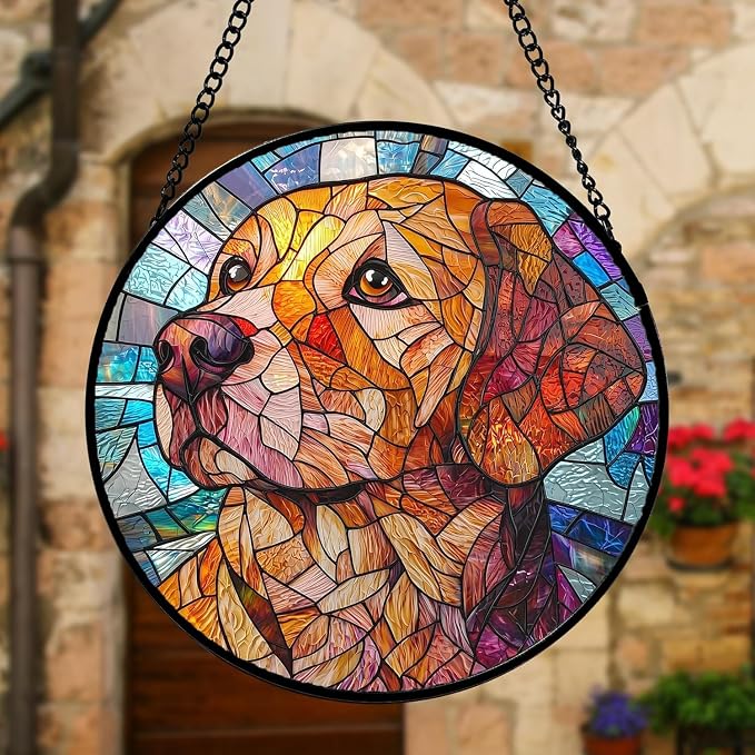 DASTOLL Stained Glass Window Hanging, Cute Dog Abstract Sun Catchers Colorful Glass Panel Texture Suncatcher Decor for Birthday for Women, Men, Wife, Aunt, and Mom 14.9x14.9 in