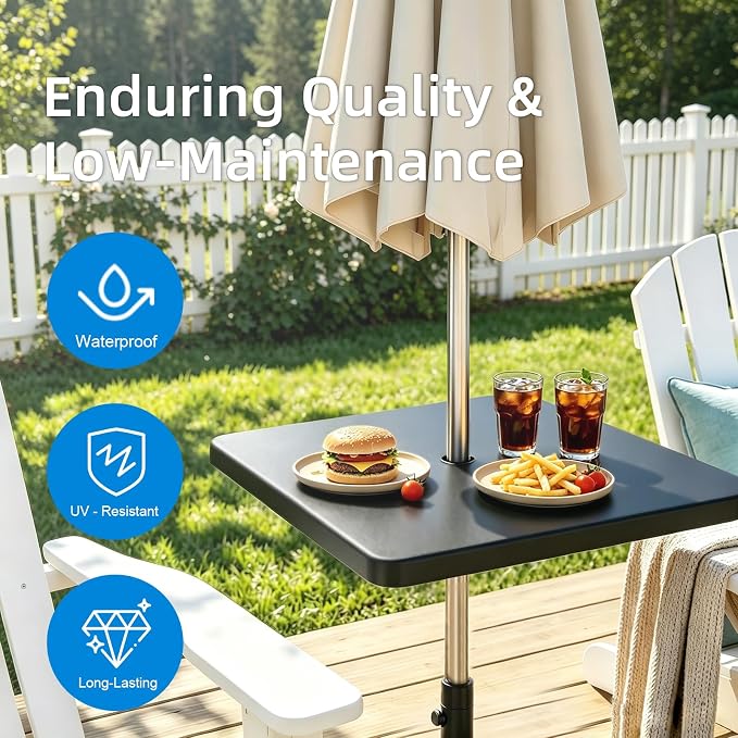 Outdoor Umbrella Table Tray with Hooks, 16.54" Square Black ABS Plastic, Adjustable, Fits 1.5" Umbrella Pole for Beach, Backyard, Poolside, Garden, Patio