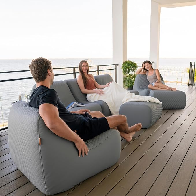 Big Joe Solvana Outdoor Sectional, 7 Piece Patio Furniture Set, Weather-Resistant Cool Touch Silicone Stitched Leather Sofa, Moonlit Gray