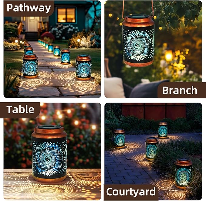 DIBIEECN Birthday Gifts for Women Mom Grandma Wife, Solar Lanterns Outdoor Waterproof, Metal Hanging Lights Garden Decor, LED Decorative Lantern for Patio Porch Backyard, Blue, 2 Pack