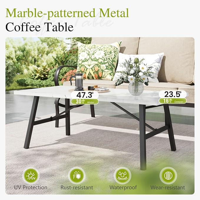 Sophia & William Patio Furniture Sets 7 Seats Outdoor Conversation Set 6 Pcs,2 x Cushioned Swivel Sofa Chairs,1 x 3-Seat Sofa,2 Ottomans, Marbling Metal Coffee Table Patio Backyard Poolside Beige