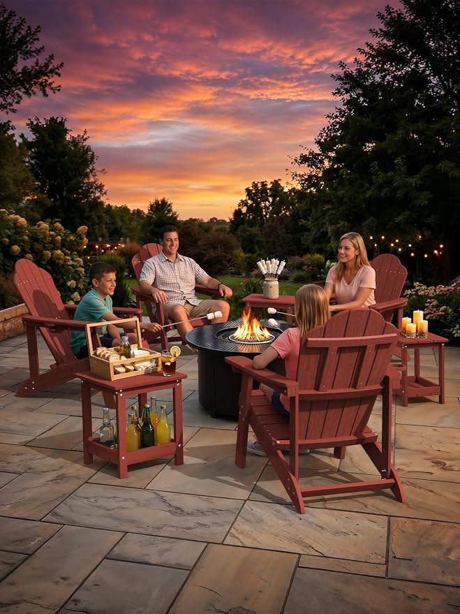 LUE BONA Outdoor Side Table, 2-Tier HDPE Small Outdoor End Table with Rail for Patio, Deck, Poolside, Low Maintenance & Weather Resistant, Red