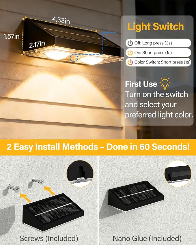 Solar Fence Lights Outdoor, 12 Pack Fence Lights Solar Powered | 85LM Solar Fence Lights, 9 RGB Color Modes, IP65 Waterproof, 12H Dusk to Dawn Glow for Pool/Deck/Patio/Wall/Backyard - Black