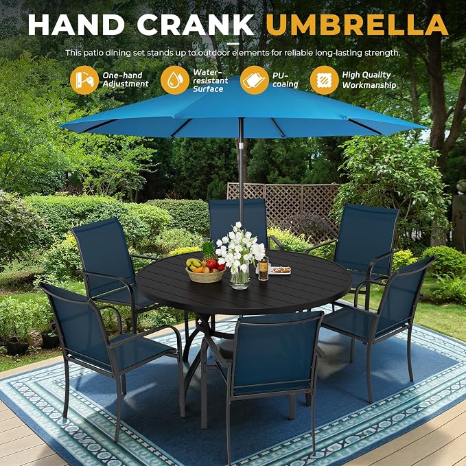 Incbruce 8 PCS Patio Dining Set with Sky Blue Umbrella, Outdoor Dining Set of 6 Textilene Chairs and 53" Round Table with Umbrella Hole for Backyard, Garden, and Poolside (Blue)