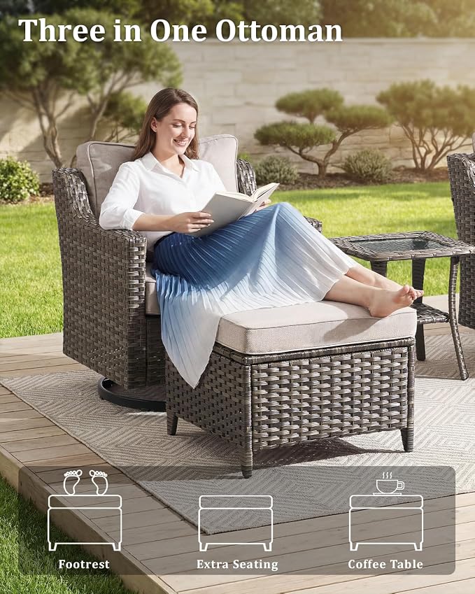 Outdoor Furniture Set of 5, Patio Chairs with Luxury 4" Cushion, Wicker Swivel Rocker Patio Chairs, and Side Table, High Back&Deep Seat for Garden Deck Porch Balcony Backyard - Beige