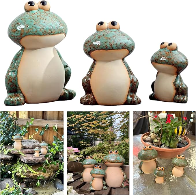 Ceramic Frog Garden Decor Set of 3 - Funny Cute Frog Lawn Ornaments, Outdoor Pond Patio Statues for Yard, Front Porch, Backyard Decor (Dad, Mom & Baby Frogs)