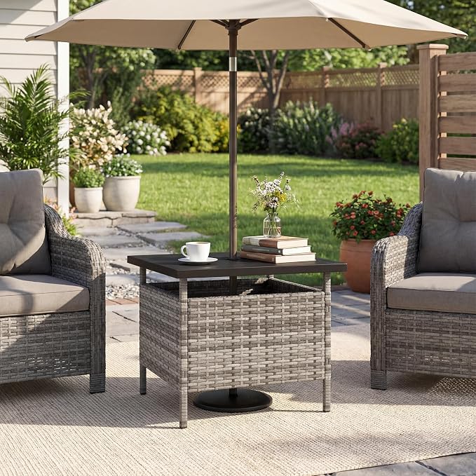 LDAILY Patio Table Umbrella, Outdoor Table with Umbrella Hole, Rattan Patio Side Table with Steel Umbrella Hole, HDPE Desktop & Metal Frame for Deck Garden Poolside Backyard Balcony (Mix Gray)