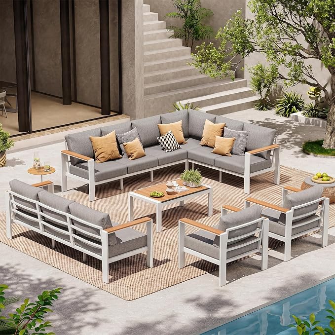 Aluminum Outdoor Patio Furniture Set, 11 Seats Patio Conversation Sets, Oversized Outdoor Sectional with Washable Thick Cushions & Coffee Table for Backyard, Garden and Poolside, White