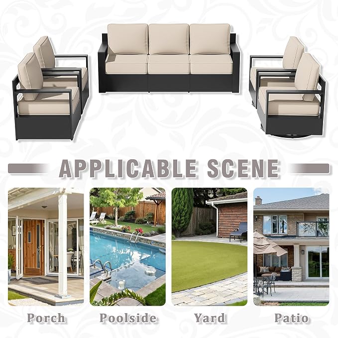 Outdoor Aluminum Furniture Set, 5-Piece Patio Conversation Set, 2 Swivel Chairs, 2 Chairs and 1 Sofa, All-Weather Metal Frame, 6" Thick Removable Cushions, Deep Setting for Garden and Porch