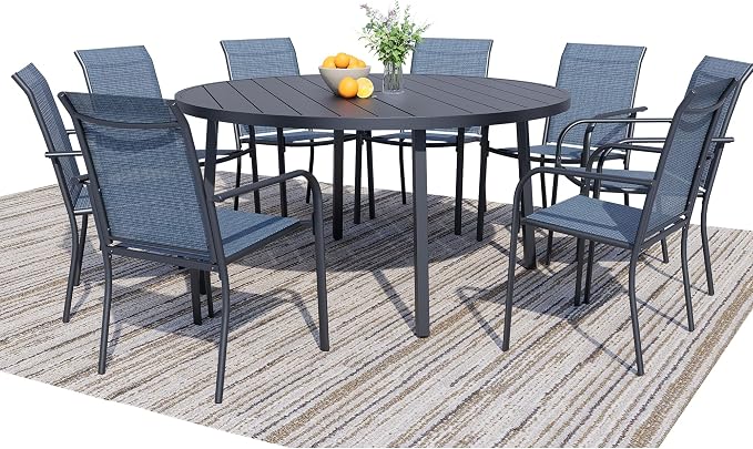 9 Pieces Patio Dining Set for 8, Blue Patio Stackable Chairs and Black Round Table Set of 8, Outdoor Furniture Set with Sling Support for Outside, Garden