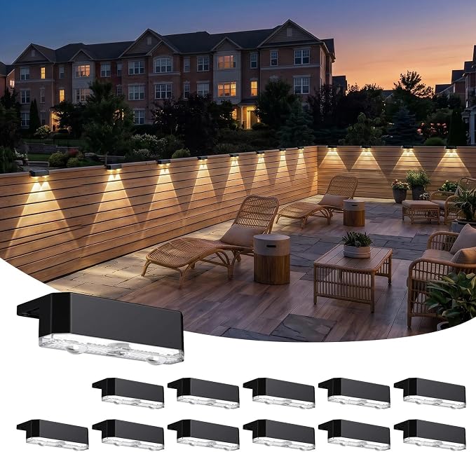12 Pack Solar Fence Lights Outdoor, Deck Light Solar Powered, IP65 Waterproof Led Riling Solar Lights for Outside Step Yard, Warm White