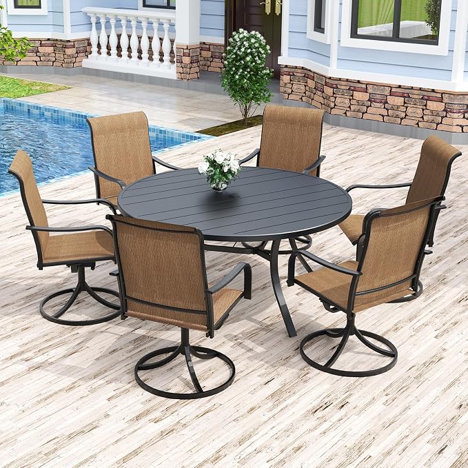 Anmutig 7-Piece Outdoor Dining Set, 54" Round Table with 6 Swivel Chairs All Weather Furniture Set for Lawn Garden, Brown