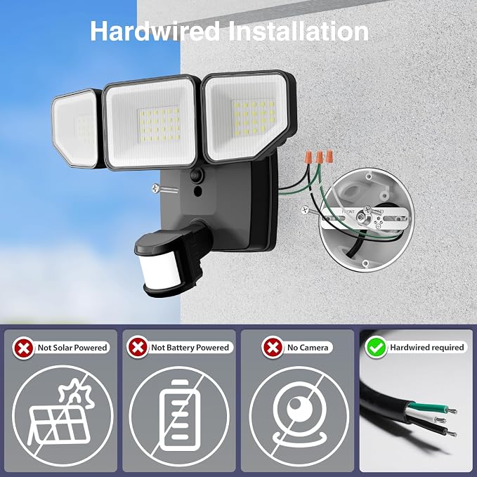 65W Flood Lights Outdoor Motion Sensor with Night Light, 6500K | 6500LM, Hardwired, IP65 Waterproof, Dusk to Dawn Photocell, Daylight for Garage, Yard, Outside, 3 Lighting Modes