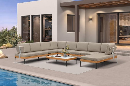 PURPLE LEAF Patio Furniture Set Outdoor Sectional Sofa with Coffee Table Fade-Resistant Cushions Wicker U-Shaped 9 Pieces Aluminum Conversation Sets for Balcony Yard Poolside Garden, Taupe