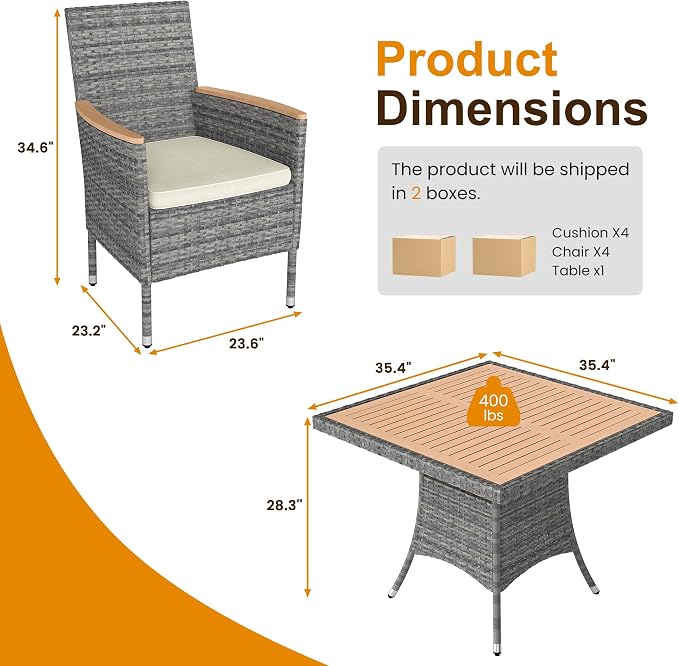 RoyalCraft 5-Piece Patio Wicker Dining Set for 4, Water-Resistant Rattan Outdoor Table with Wood Top and 4 Chairs, Conversation Set for Deck, Garden, Backyard, Removable Cushions, Grey