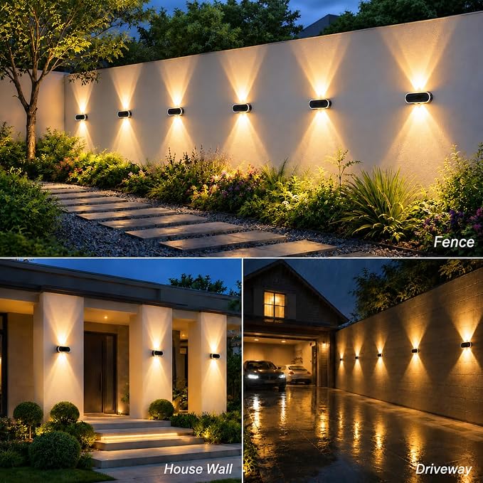 Solar Fence Lights Outdoor, IP65 Waterproof Wall Lighting with Dual Focused Brighter LED Up Down - 3000K/4000K/6000K Dusk to Dawn 12h for Backyard/Patio/Porch/Wall Decor（2 Pack）