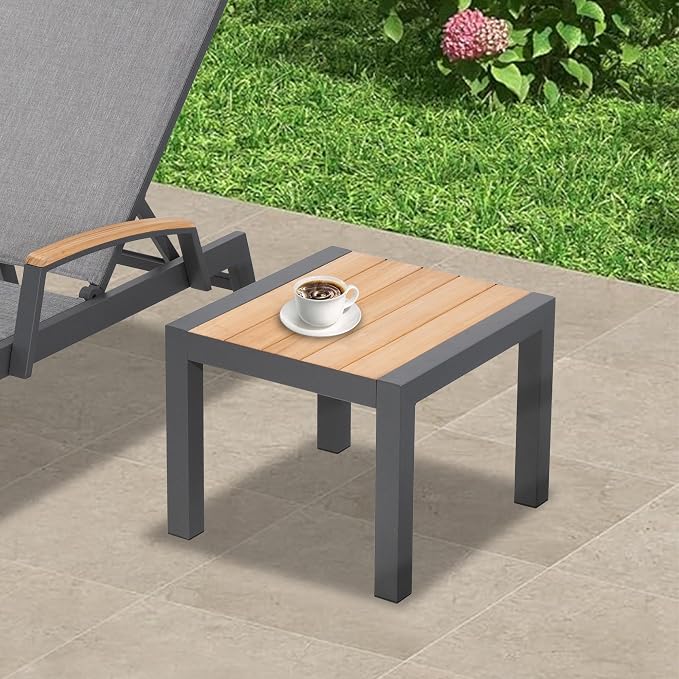 Ulax furniture Outdoor Side Table Aluminum Patio End Table with Teak Wood