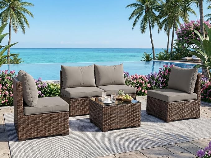 5 Pieces Patio Furniture Set with Galss Table, Outdoor PE Rattan Sectional Sofa with Soft Cushions for Backyard, Porch, and Poolside (Gray, 5 PCS w/Table)